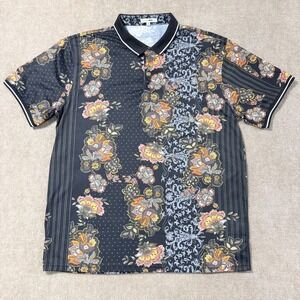 Fashion Nova Men XL Floral Polka Dot Striped Short Sleeve Polo Shirt Black Multi